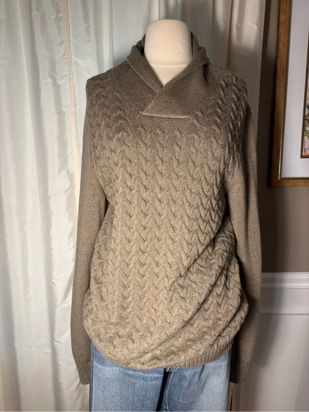 Soft Cotton Mens Banana Republic Shawl Collar Cable Knit Sweater in Taupe